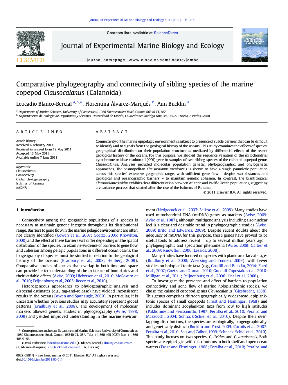 Comparative phylogeography and connectivity of sibling species of the marine copepod Clausocalanus (Calanoida)