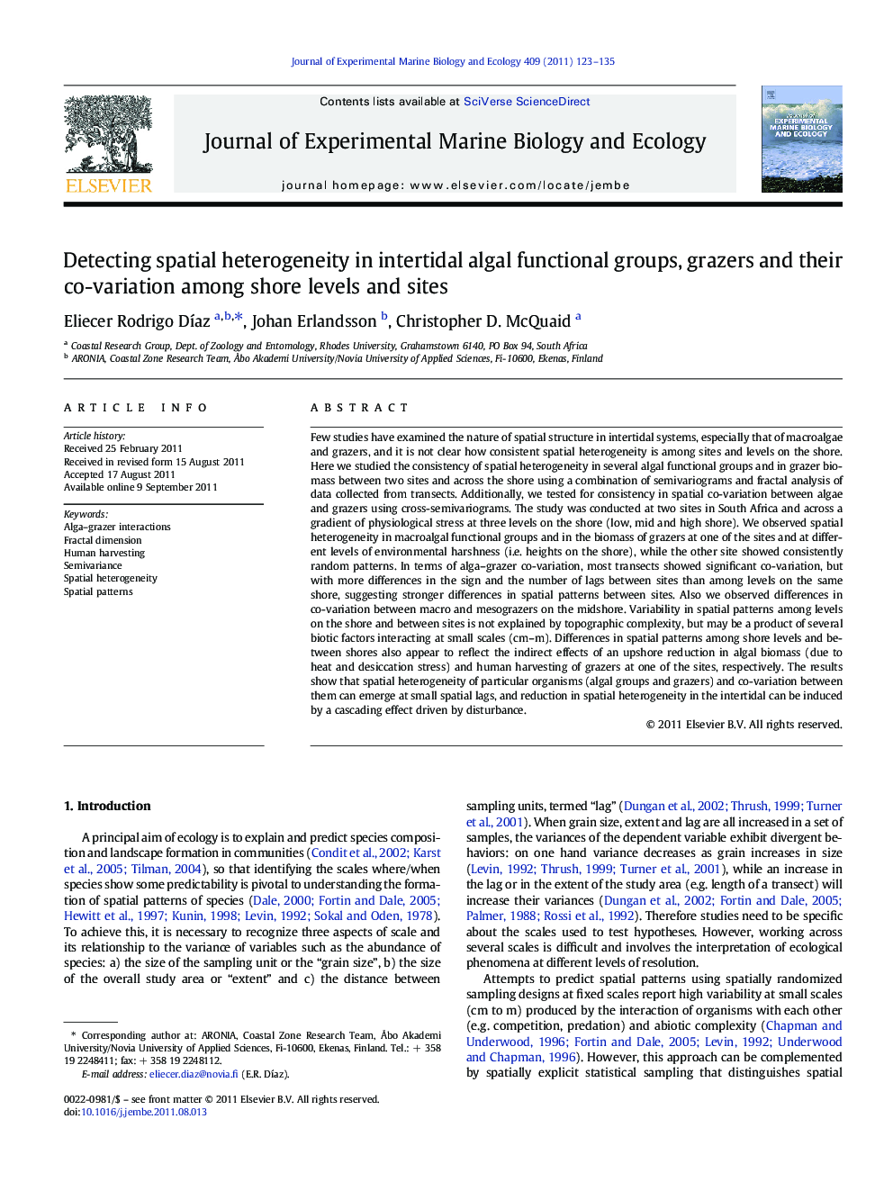 Detecting spatial heterogeneity in intertidal algal functional groups, grazers and their co-variation among shore levels and sites