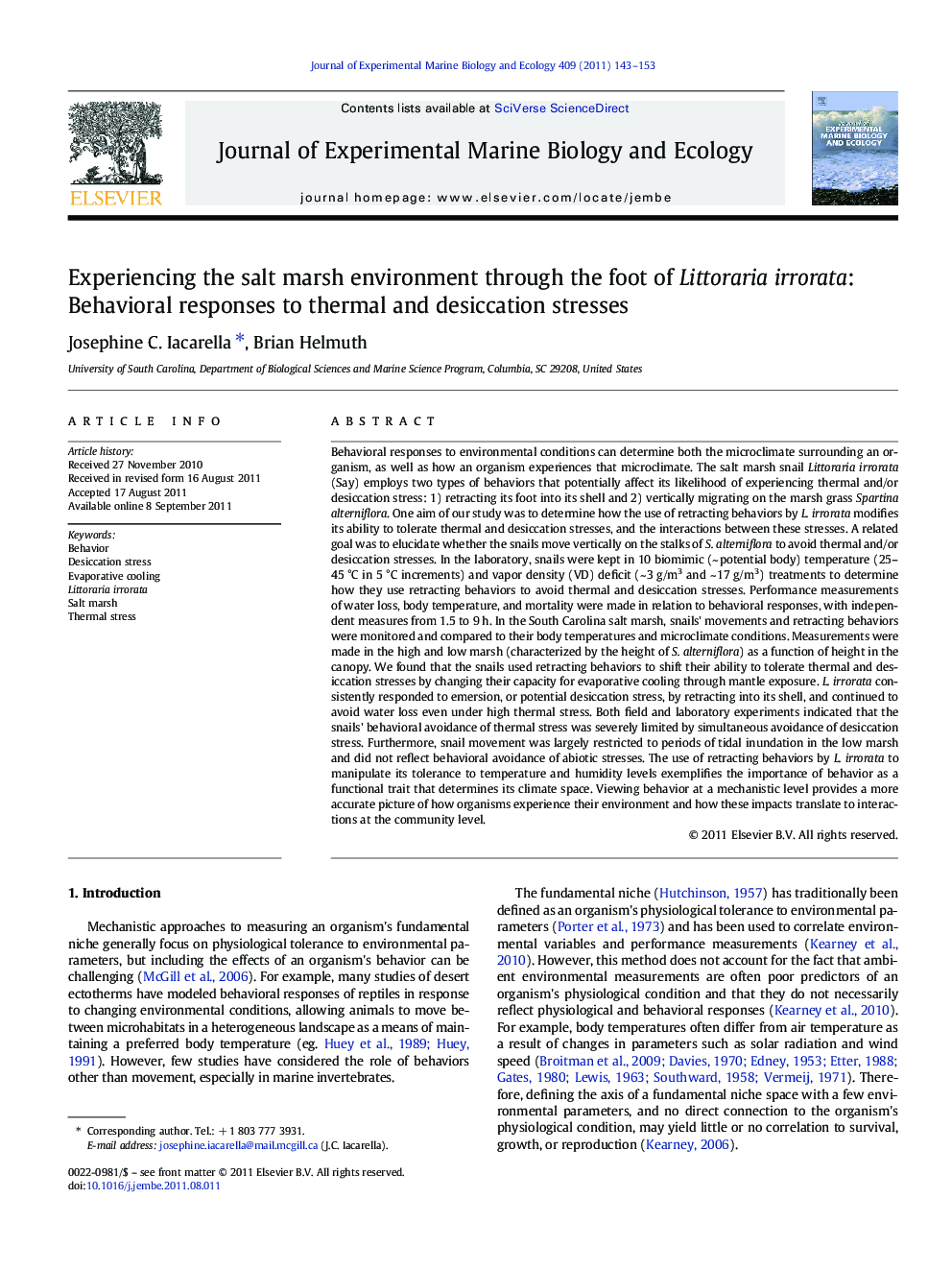 Experiencing the salt marsh environment through the foot of Littoraria irrorata: Behavioral responses to thermal and desiccation stresses