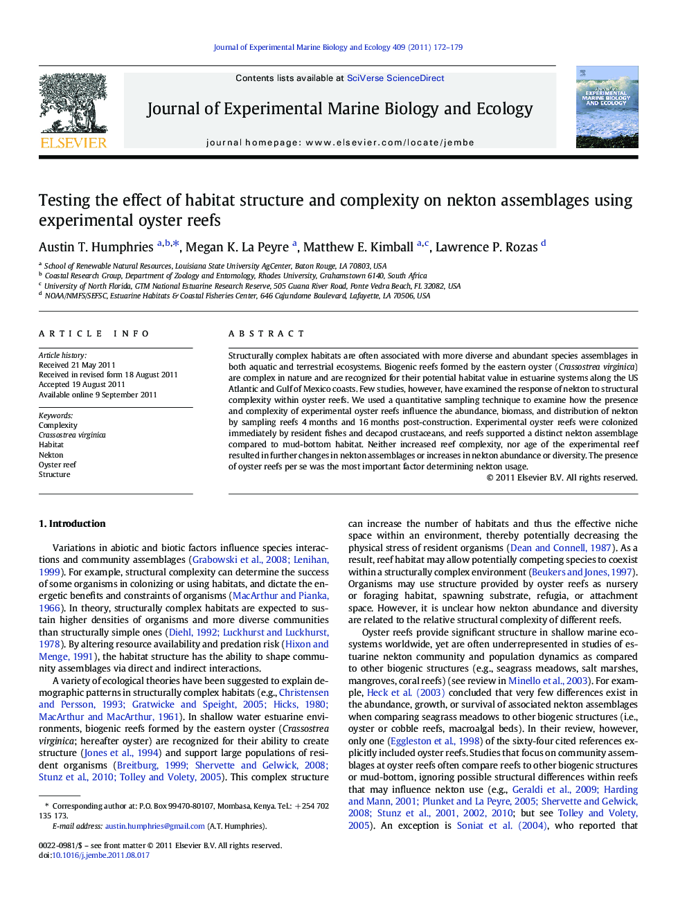 Testing the effect of habitat structure and complexity on nekton assemblages using experimental oyster reefs