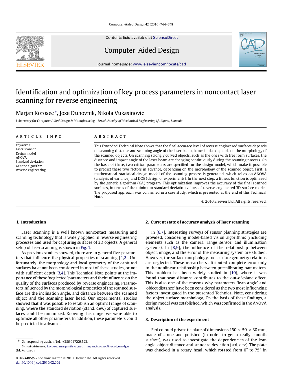 Identification and optimization of key process parameters in noncontact laser scanning for reverse engineering