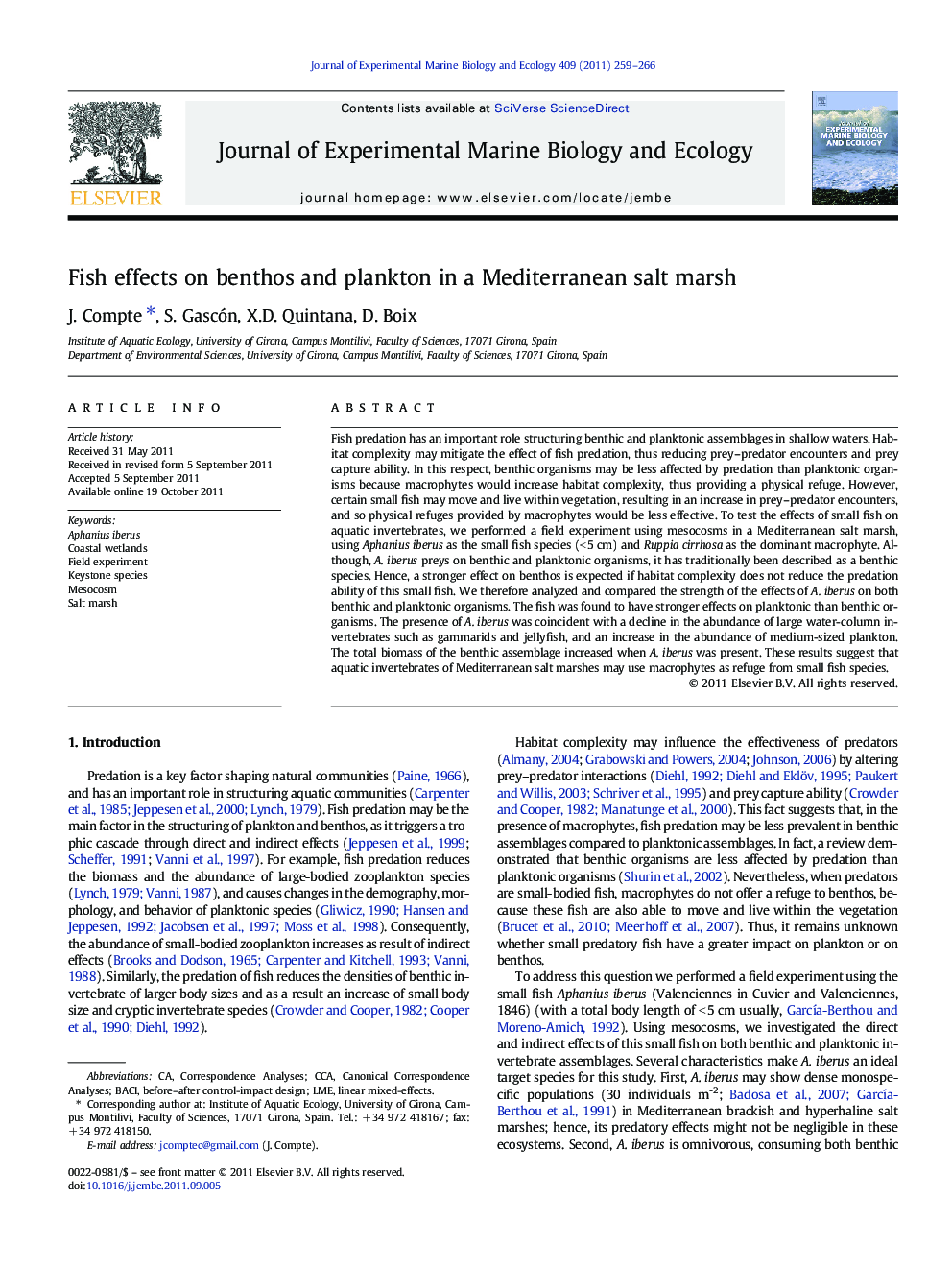 Fish effects on benthos and plankton in a Mediterranean salt marsh