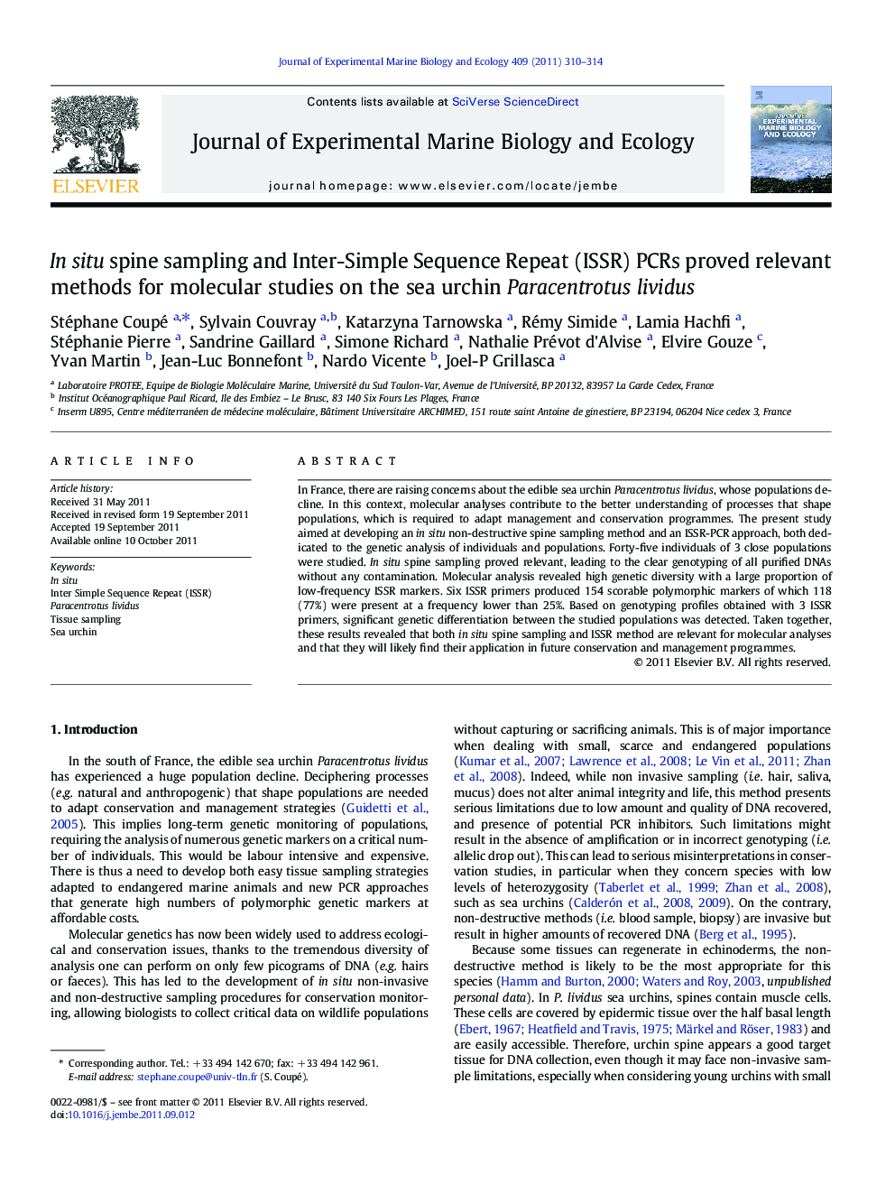 In situ spine sampling and Inter-Simple Sequence Repeat (ISSR) PCRs proved relevant methods for molecular studies on the sea urchin Paracentrotus lividus