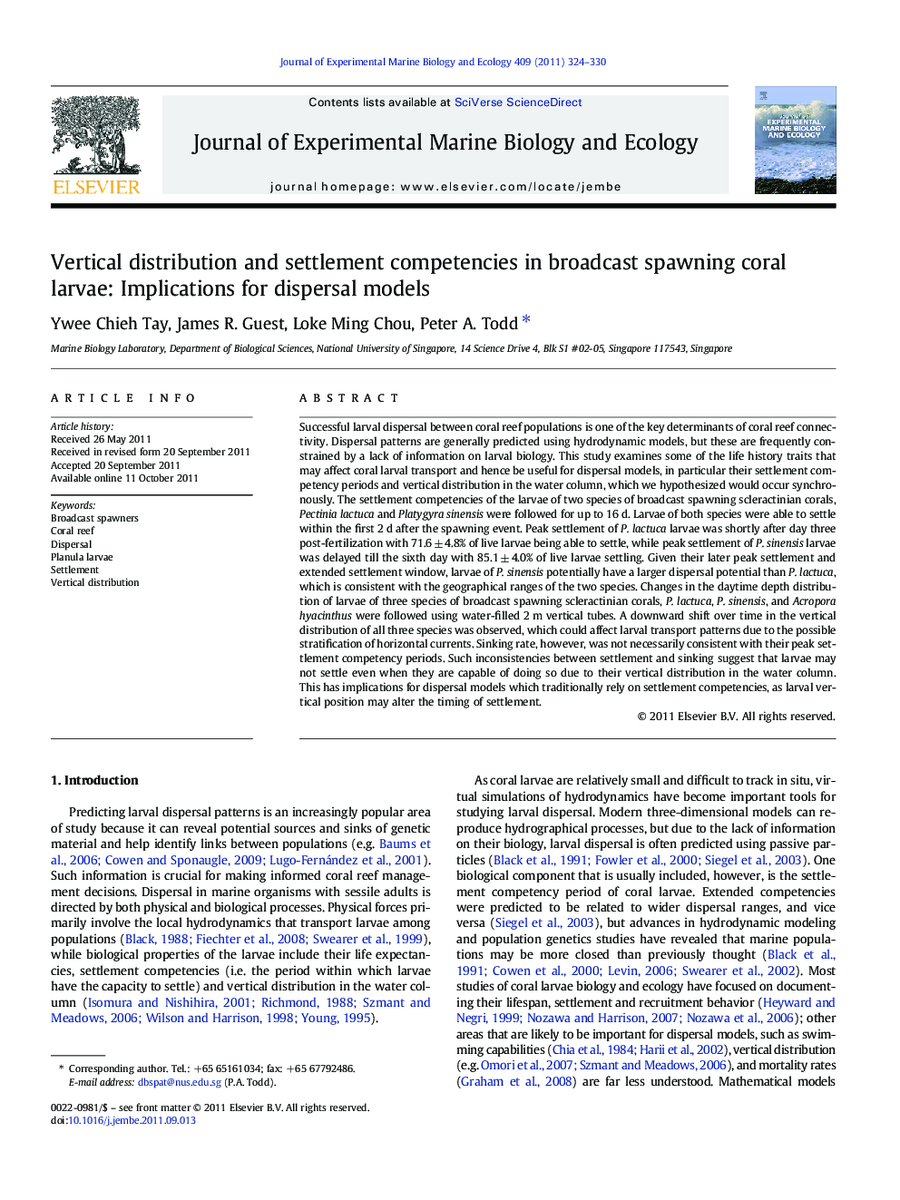 Vertical distribution and settlement competencies in broadcast spawning coral larvae: Implications for dispersal models