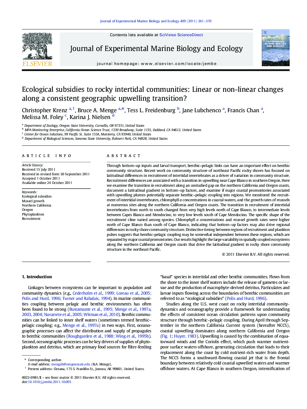 Ecological subsidies to rocky intertidal communities: Linear or non-linear changes along a consistent geographic upwelling transition?