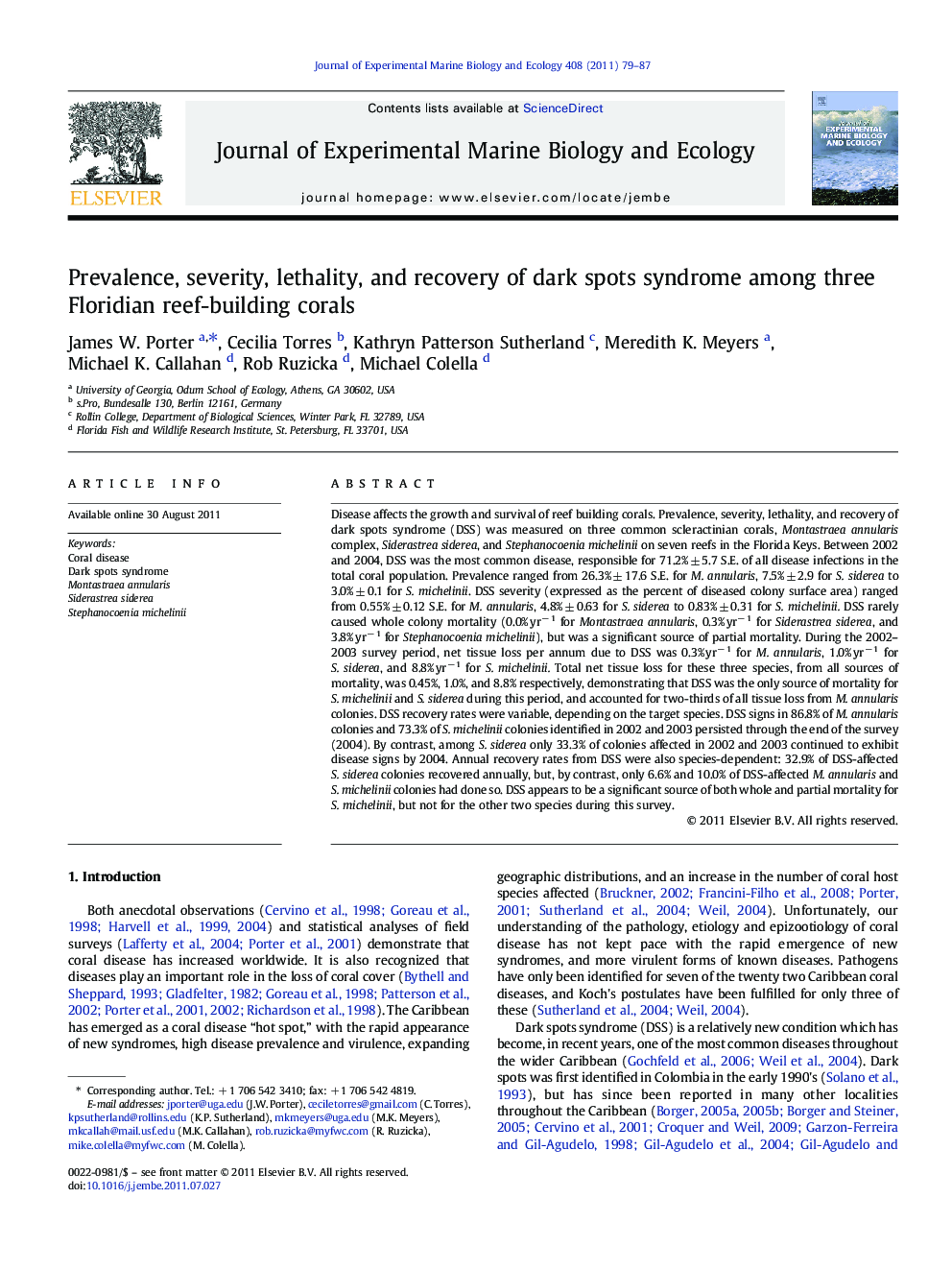 Prevalence, severity, lethality, and recovery of dark spots syndrome among three Floridian reef-building corals