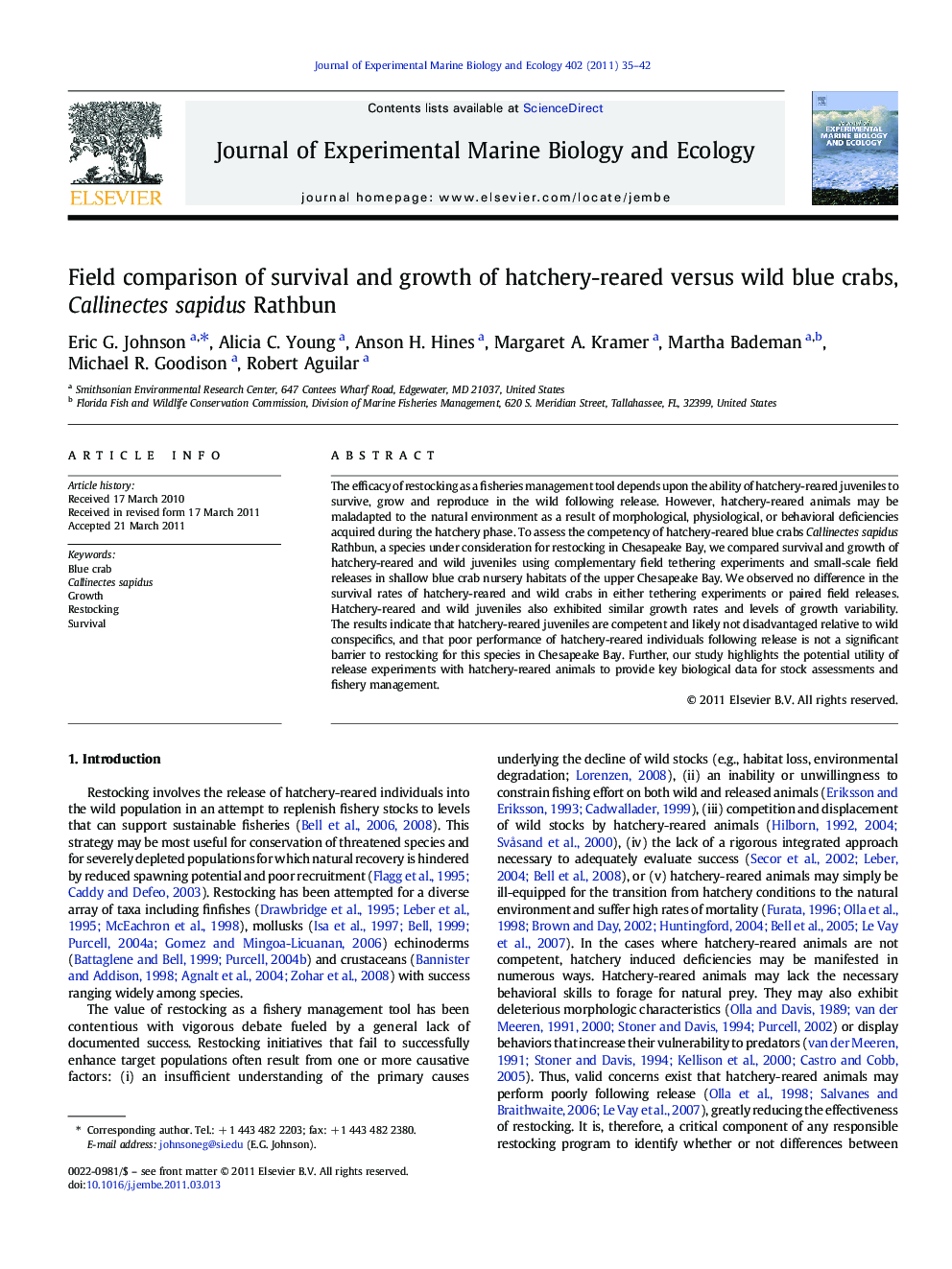 Field comparison of survival and growth of hatchery-reared versus wild blue crabs, Callinectes sapidus Rathbun