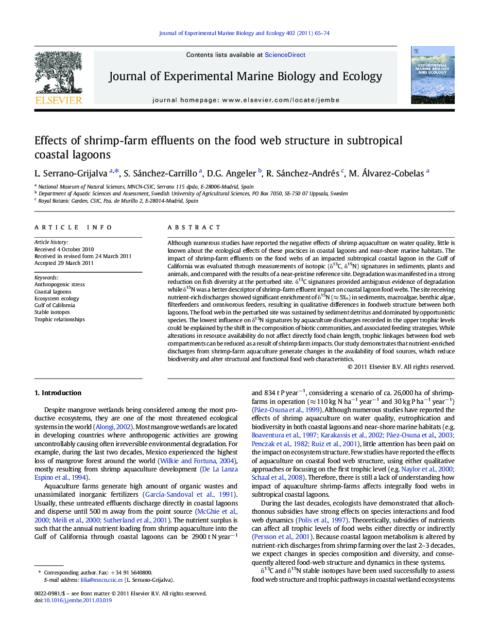 Effects of shrimp-farm effluents on the food web structure in subtropical coastal lagoons