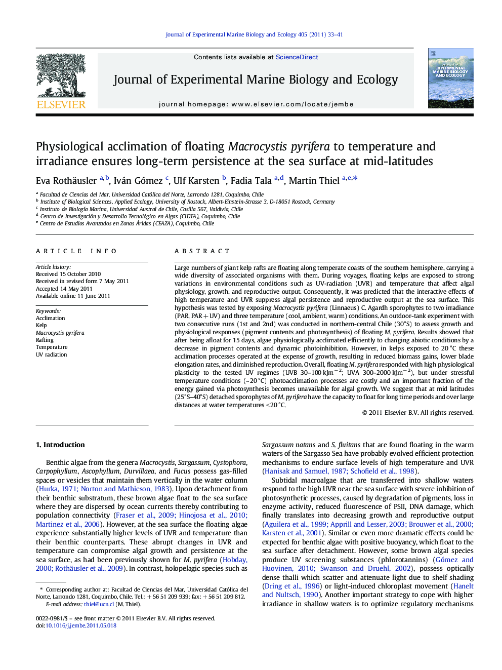 Physiological acclimation of floating Macrocystis pyrifera to temperature and irradiance ensures long-term persistence at the sea surface at mid-latitudes