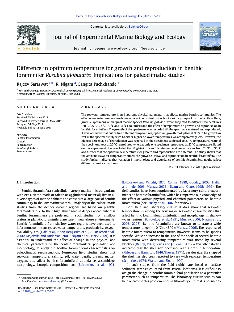 Difference in optimum temperature for growth and reproduction in benthic foraminifer Rosalina globularis: Implications for paleoclimatic studies