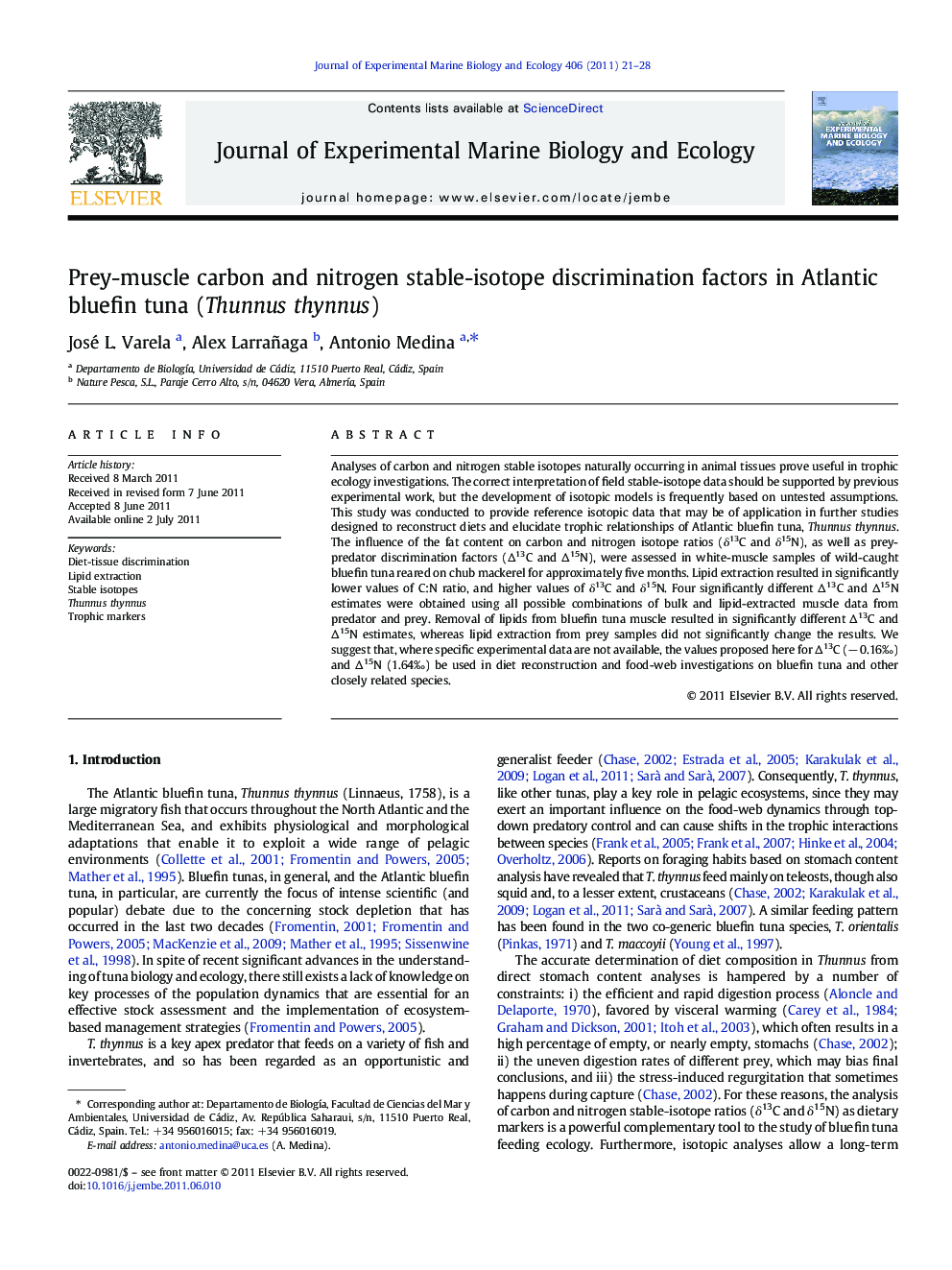 Prey-muscle carbon and nitrogen stable-isotope discrimination factors in Atlantic bluefin tuna (Thunnus thynnus)