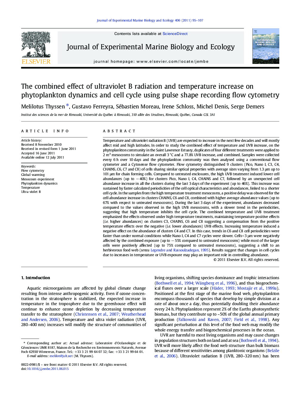 The combined effect of ultraviolet B radiation and temperature increase on phytoplankton dynamics and cell cycle using pulse shape recording flow cytometry