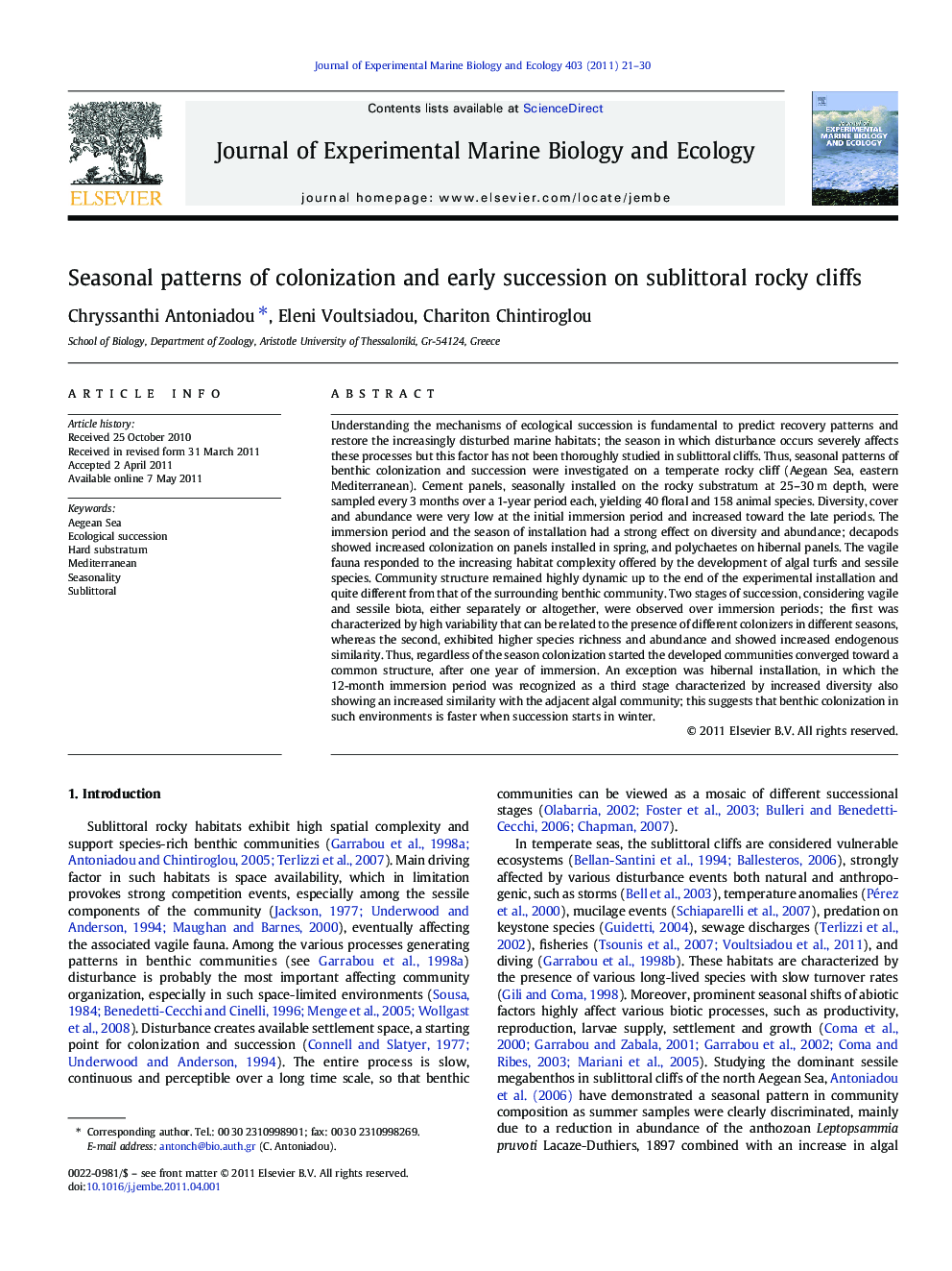 Seasonal patterns of colonization and early succession on sublittoral rocky cliffs