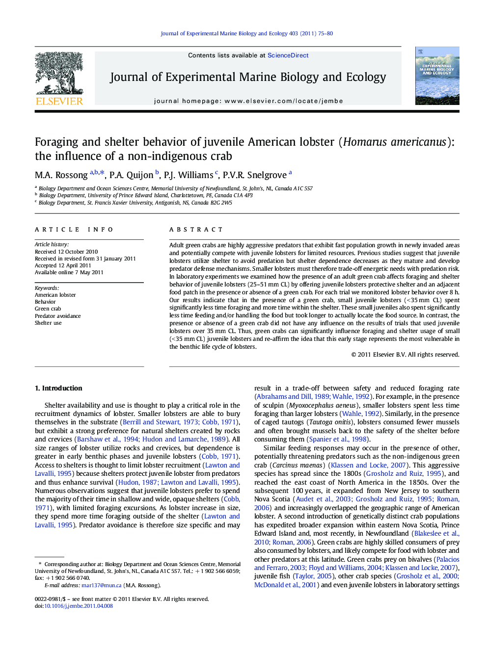 Foraging and shelter behavior of juvenile American lobster (Homarus americanus): the influence of a non-indigenous crab