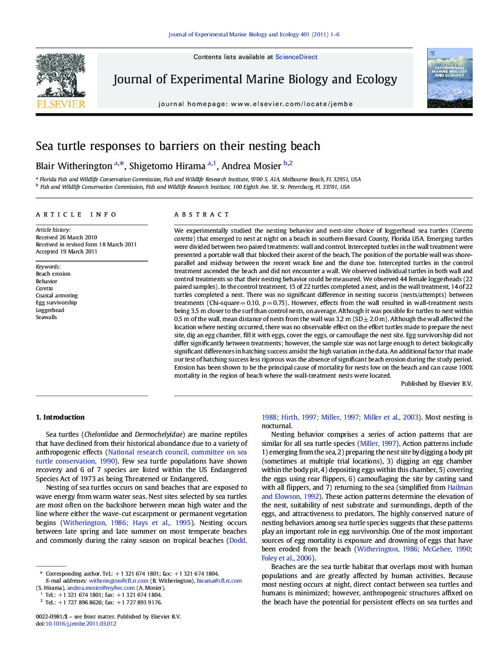 Sea turtle responses to barriers on their nesting beach