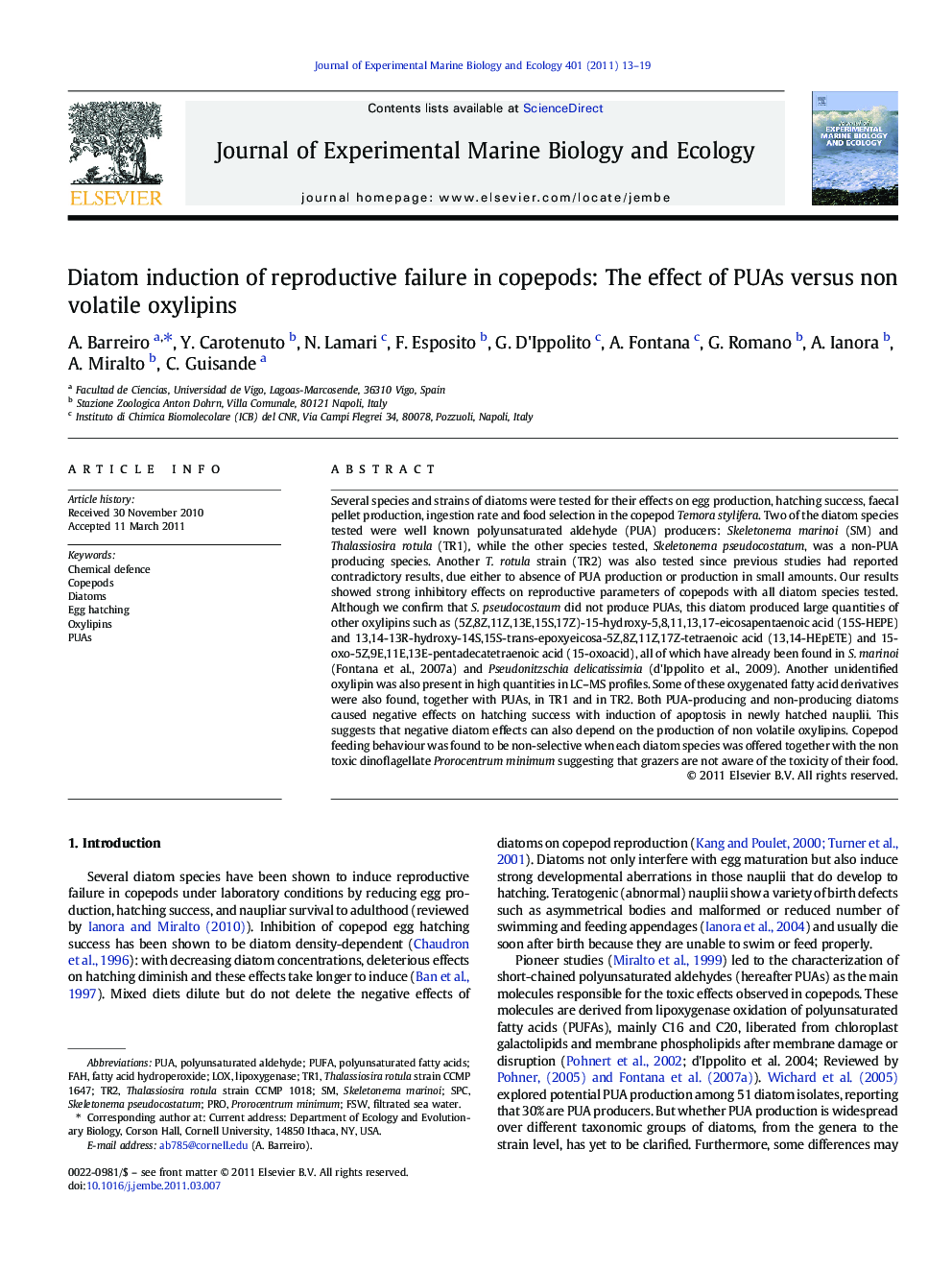 Diatom induction of reproductive failure in copepods: The effect of PUAs versus non volatile oxylipins