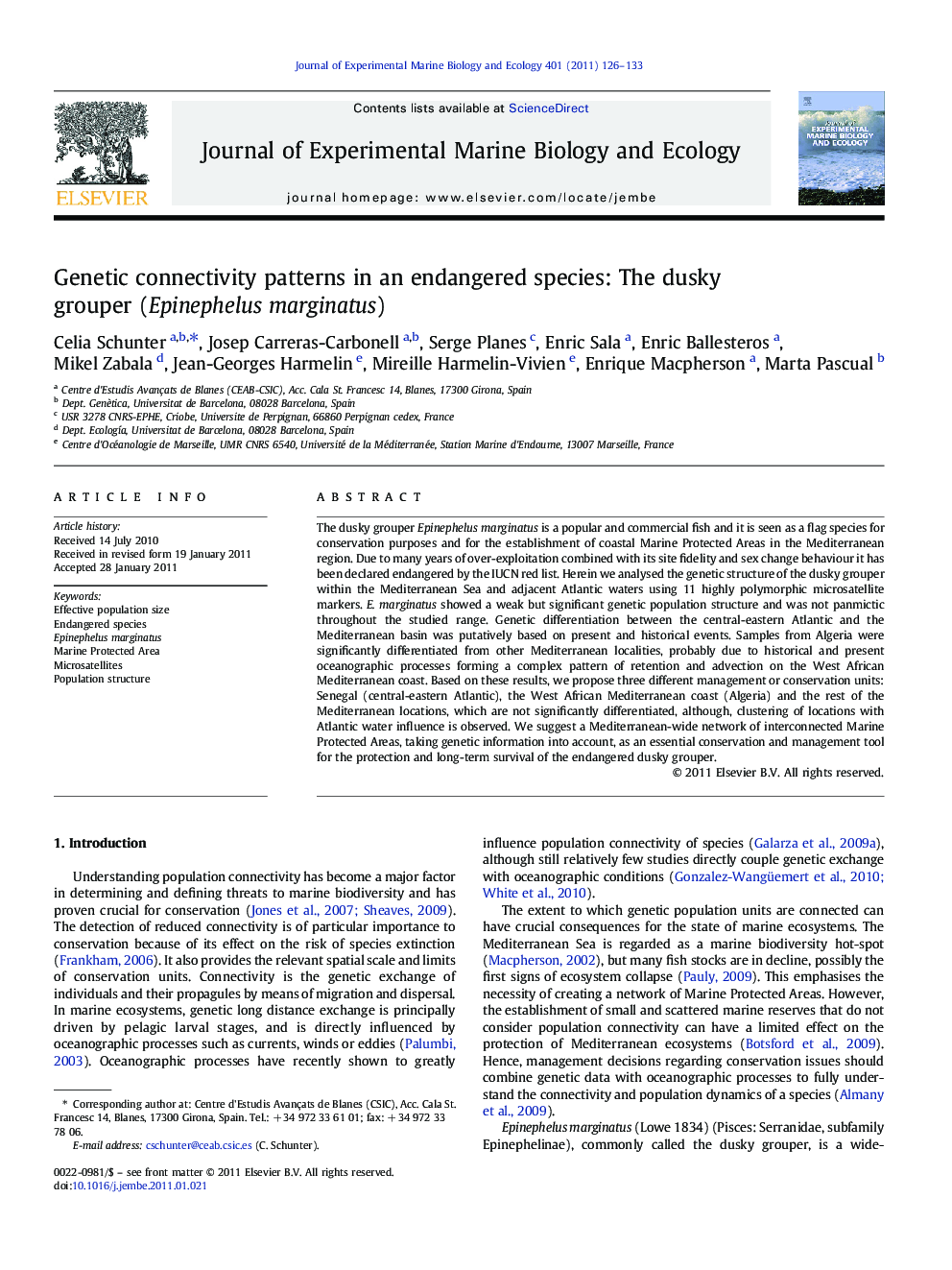عکس صفحه اول مقاله: Genetic connectivity patterns in an endangered species: The dusky grouper (Epinephelus marginatus) Genetic connectivity patterns in an endangered species: The dusky grouper (Epinephelus marginatus)