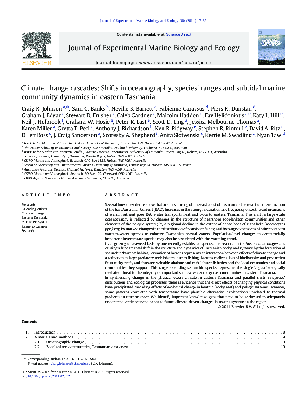 Climate change cascades: Shifts in oceanography, species' ranges and subtidal marine community dynamics in eastern Tasmania