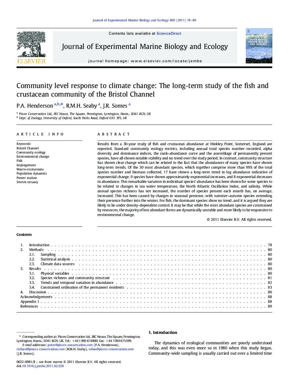 Community level response to climate change: The long-term study of the fish and crustacean community of the Bristol Channel