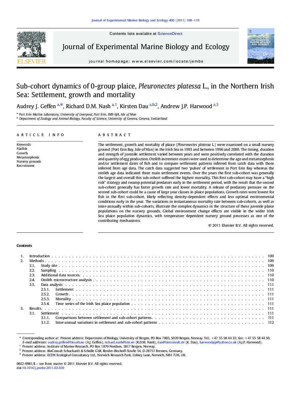 Sub-cohort dynamics of 0-group plaice, Pleuronectes platessa L., in the Northern Irish Sea: Settlement, growth and mortality