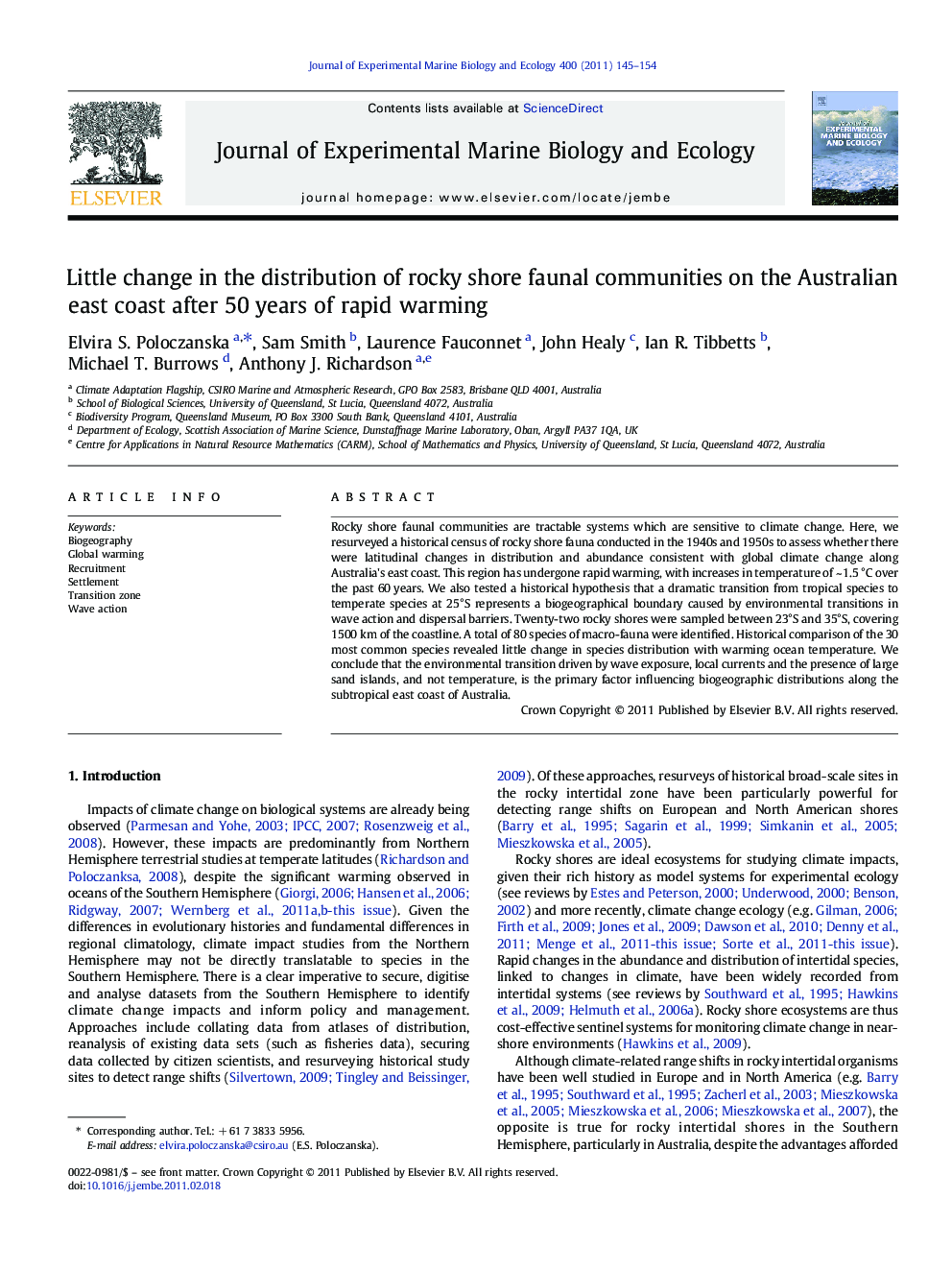 Little change in the distribution of rocky shore faunal communities on the Australian east coast after 50 years of rapid warming