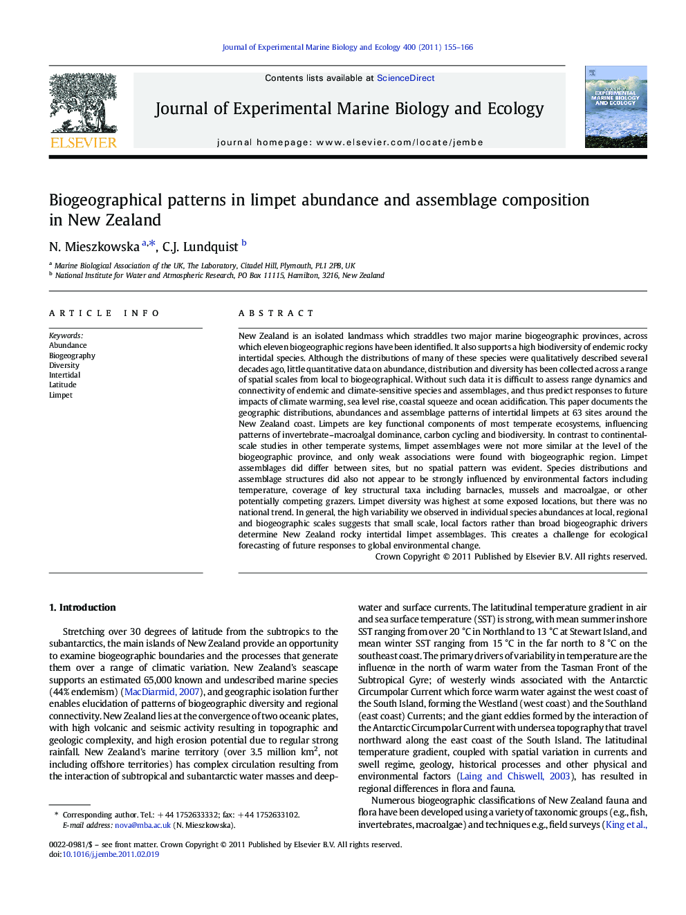 Biogeographical patterns in limpet abundance and assemblage composition in New Zealand