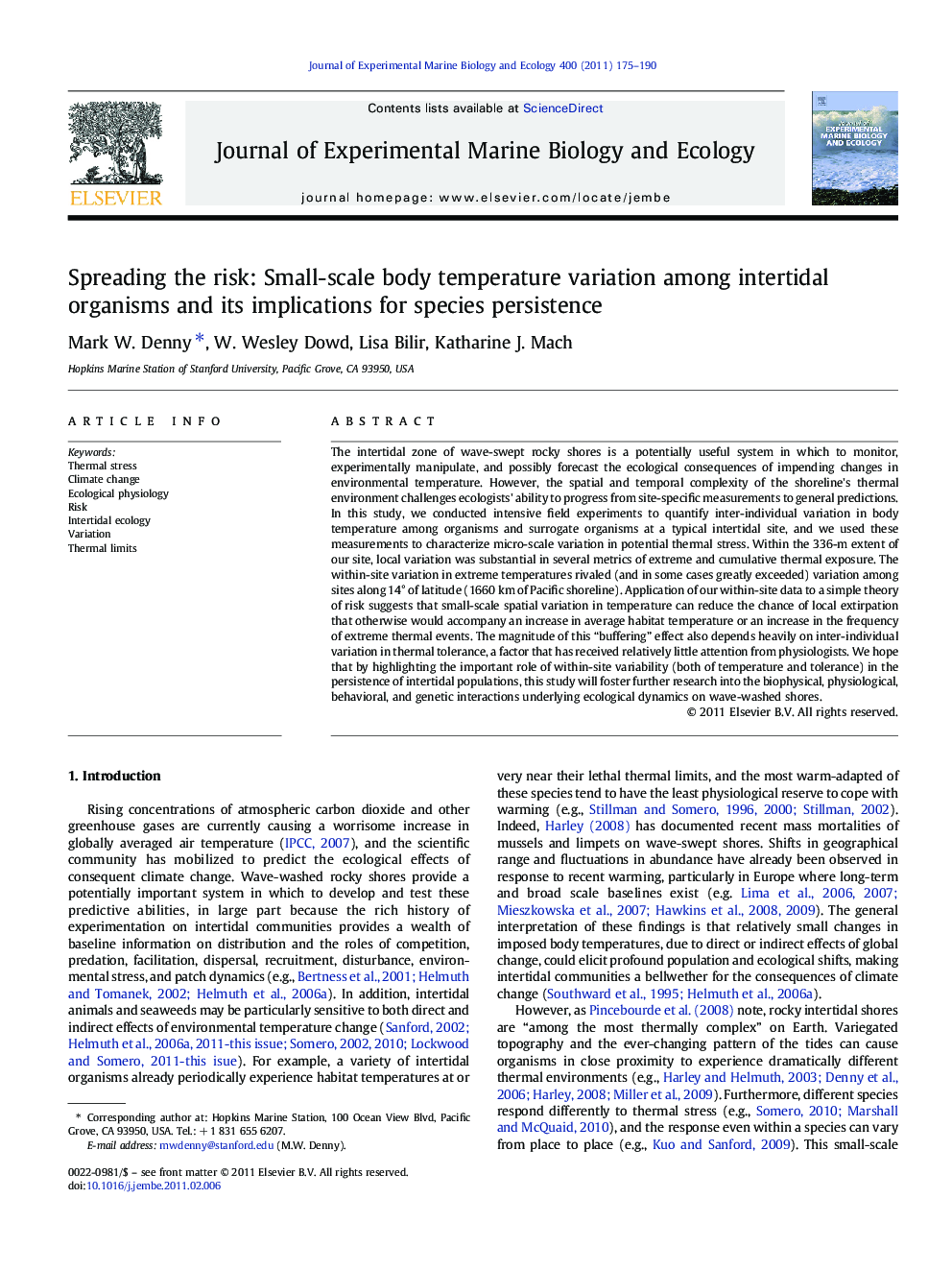 Spreading the risk: Small-scale body temperature variation among intertidal organisms and its implications for species persistence