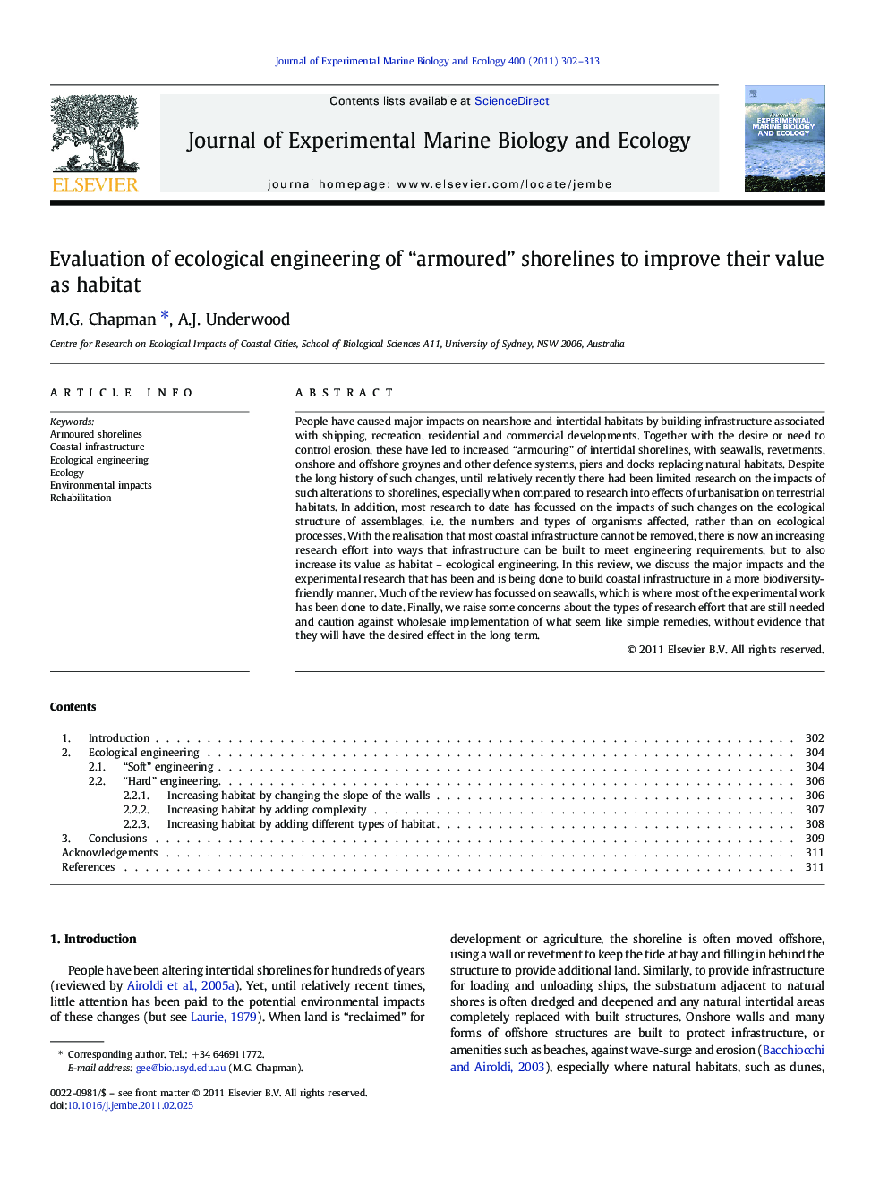 Evaluation of ecological engineering of “armoured” shorelines to improve their value as habitat