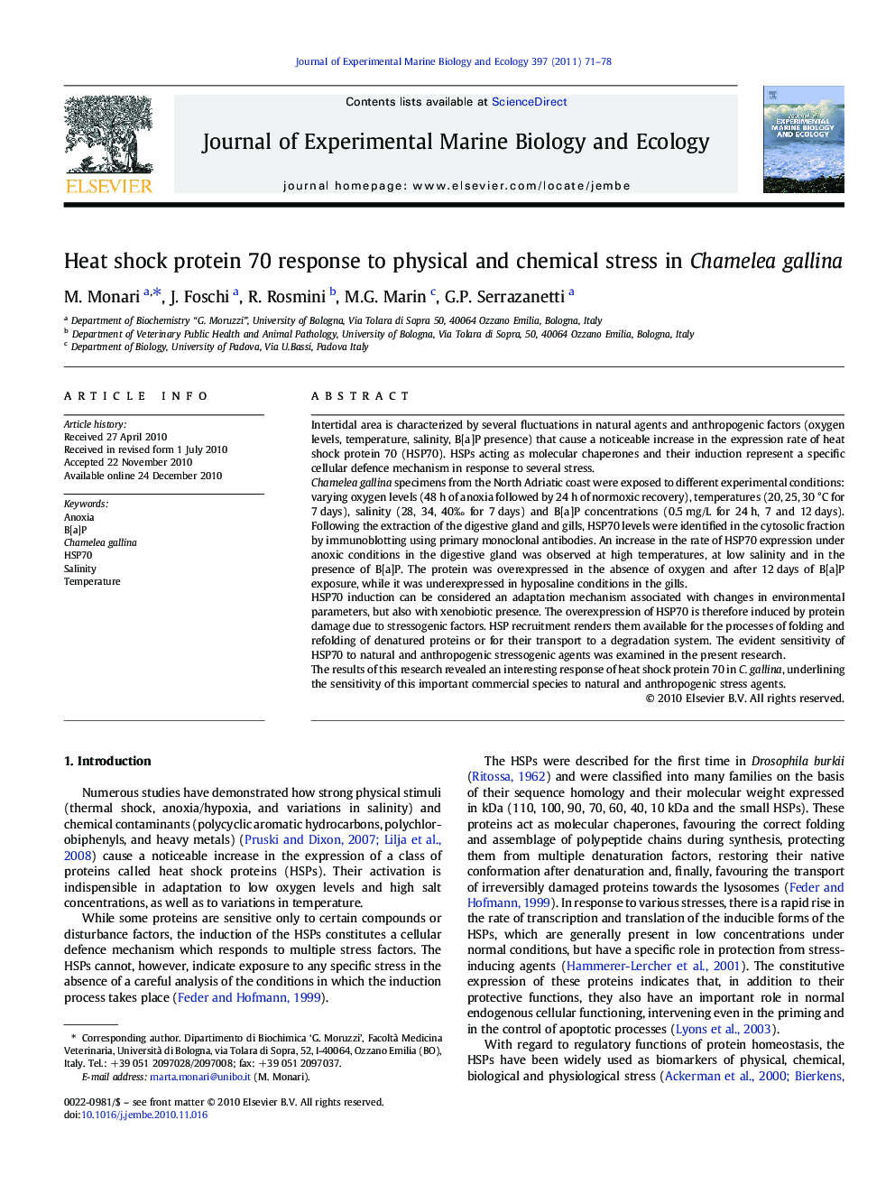 Heat shock protein 70 response to physical and chemical stress in Chamelea gallina