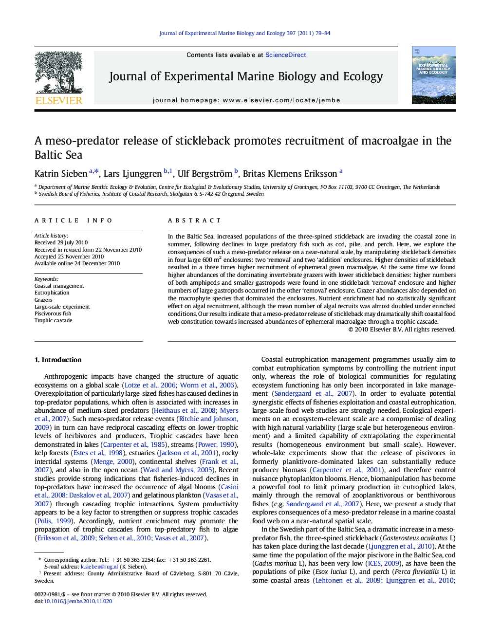 A meso-predator release of stickleback promotes recruitment of macroalgae in the Baltic Sea