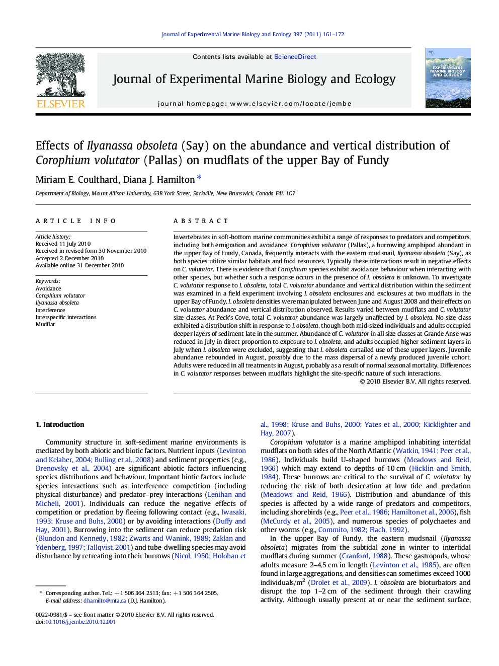 Effects of Ilyanassa obsoleta (Say) on the abundance and vertical distribution of Corophium volutator (Pallas) on mudflats of the upper Bay of Fundy