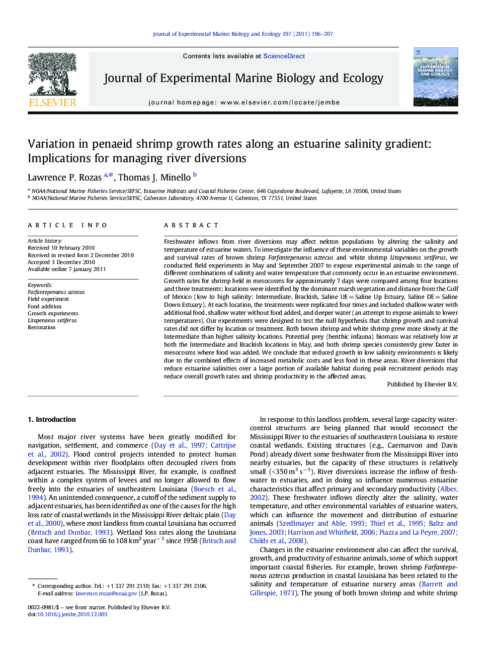 Variation in penaeid shrimp growth rates along an estuarine salinity gradient: Implications for managing river diversions