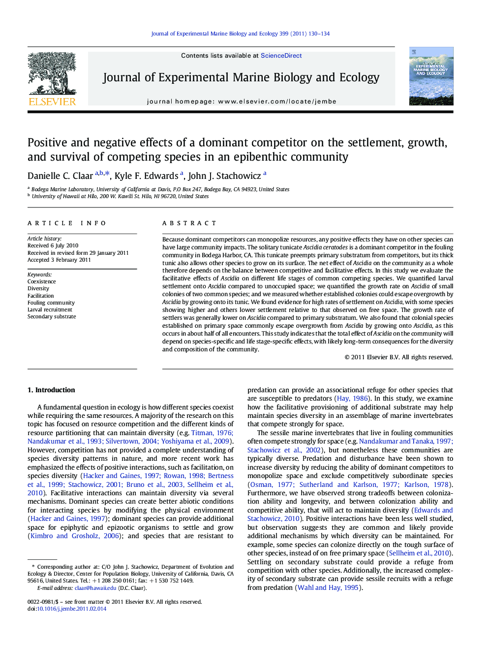 Positive and negative effects of a dominant competitor on the settlement, growth, and survival of competing species in an epibenthic community