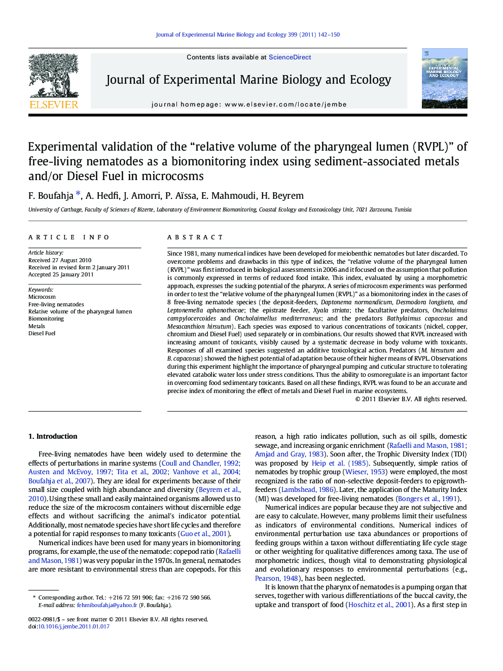 Experimental validation of the “relative volume of the pharyngeal lumen (RVPL)” of free-living nematodes as a biomonitoring index using sediment-associated metals and/or Diesel Fuel in microcosms