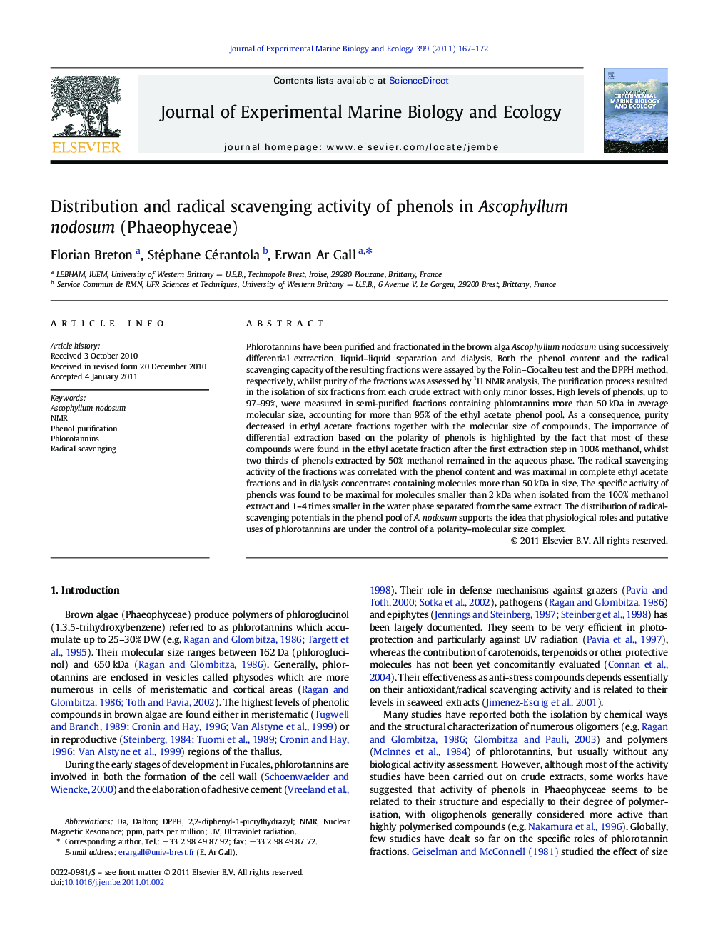 Distribution and radical scavenging activity of phenols in Ascophyllum nodosum (Phaeophyceae)