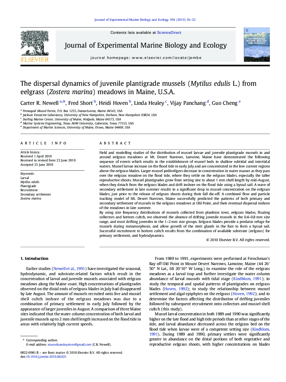 The dispersal dynamics of juvenile plantigrade mussels (Mytilus edulis L.) from eelgrass (Zostera marina) meadows in Maine, U.S.A.