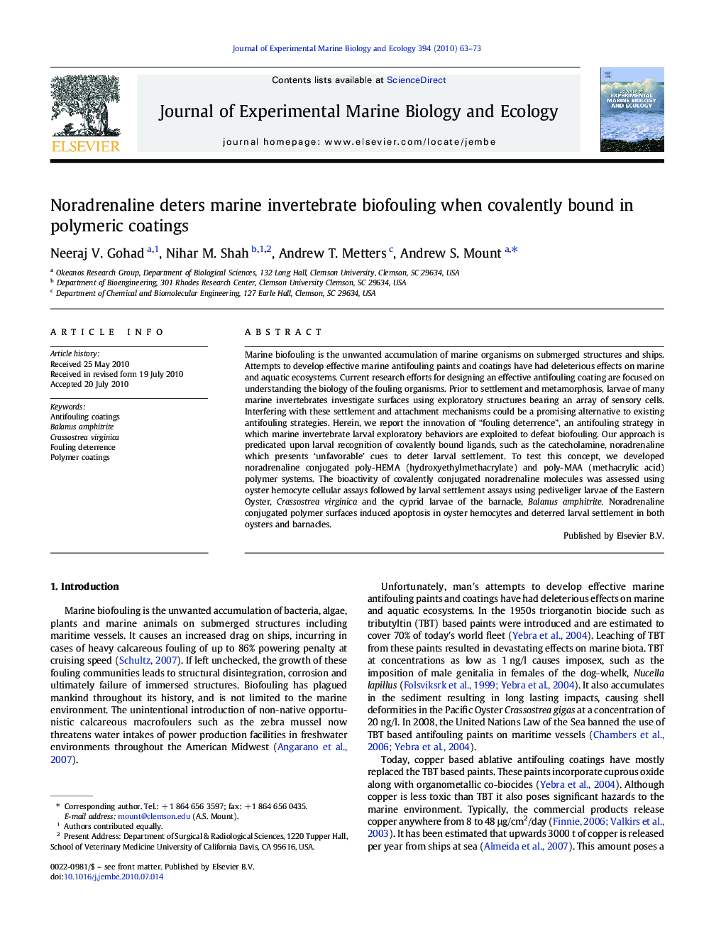 Noradrenaline deters marine invertebrate biofouling when covalently bound in polymeric coatings