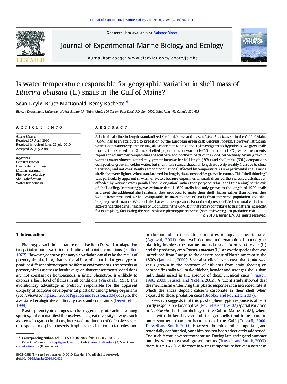 Is water temperature responsible for geographic variation in shell mass of Littorina obtusata (L.) snails in the Gulf of Maine?