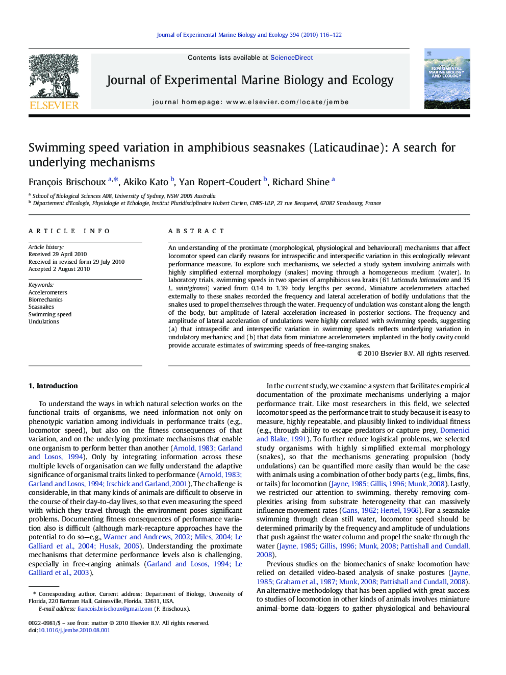 Swimming speed variation in amphibious seasnakes (Laticaudinae): A search for underlying mechanisms