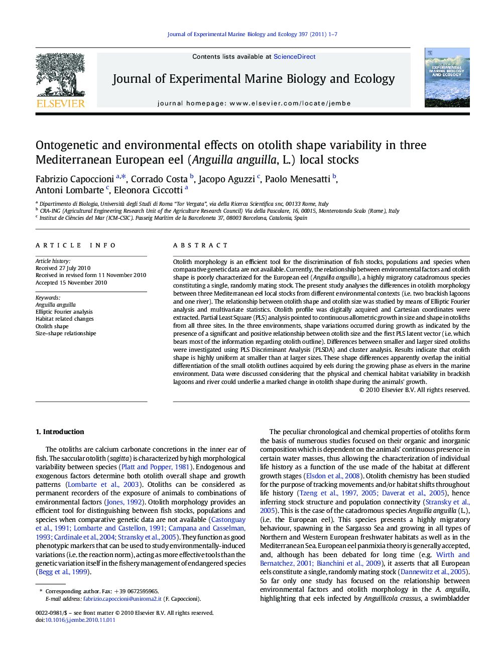 Ontogenetic and environmental effects on otolith shape variability in three Mediterranean European eel (Anguilla anguilla, L.) local stocks