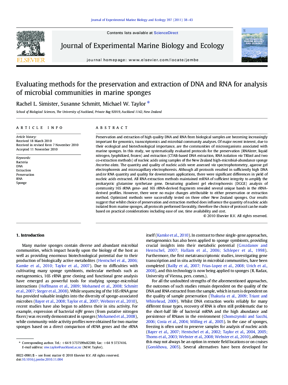 Evaluating methods for the preservation and extraction of DNA and RNA for analysis of microbial communities in marine sponges