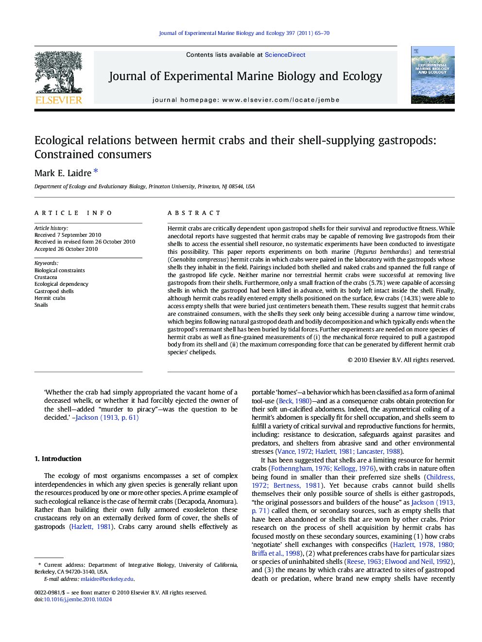 Ecological relations between hermit crabs and their shell-supplying gastropods: Constrained consumers