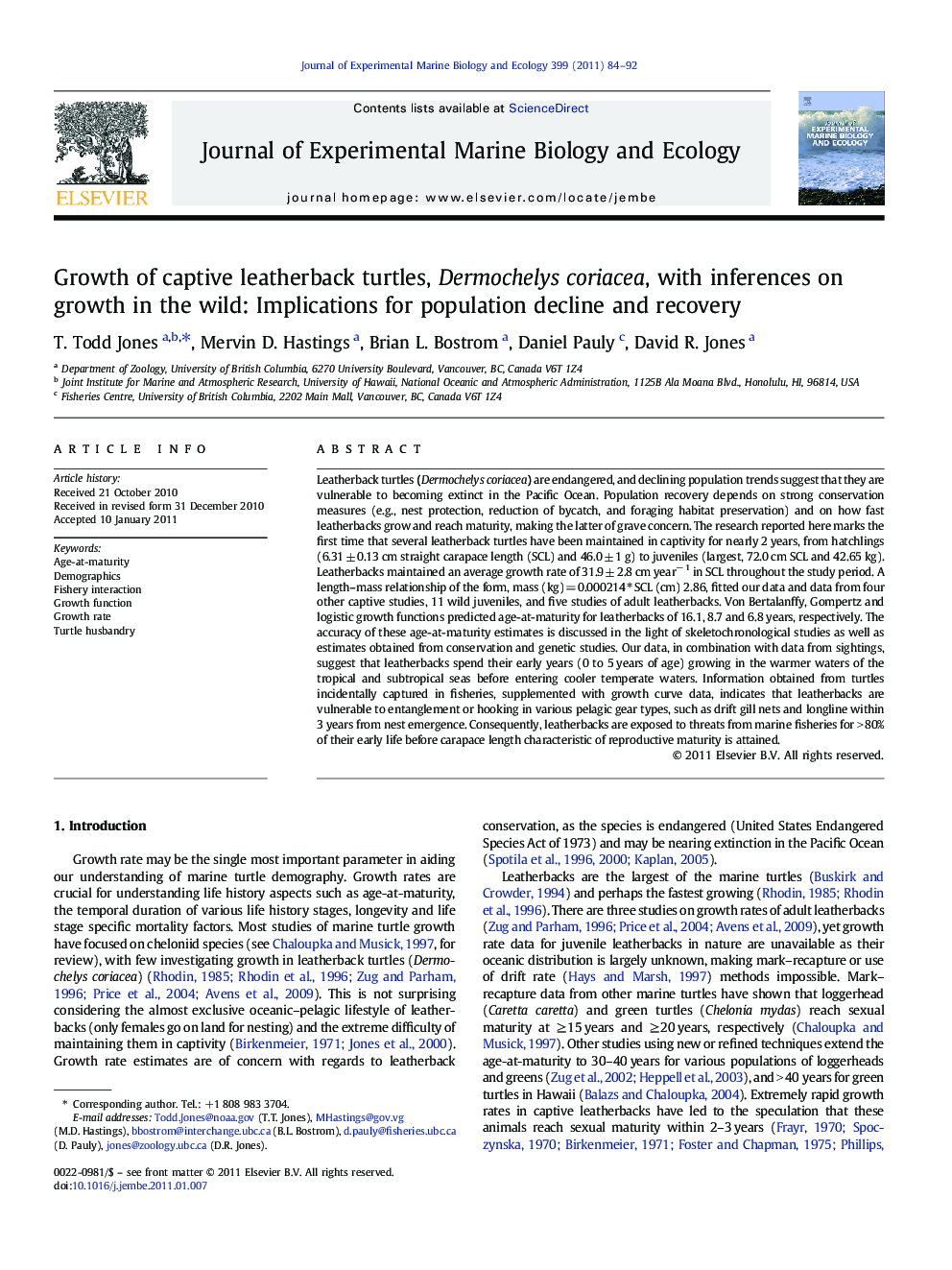 Growth of captive leatherback turtles, Dermochelys coriacea, with inferences on growth in the wild: Implications for population decline and recovery