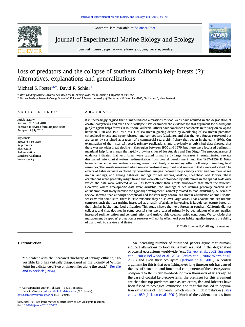 Loss of predators and the collapse of southern California kelp forests (?): Alternatives, explanations and generalizations