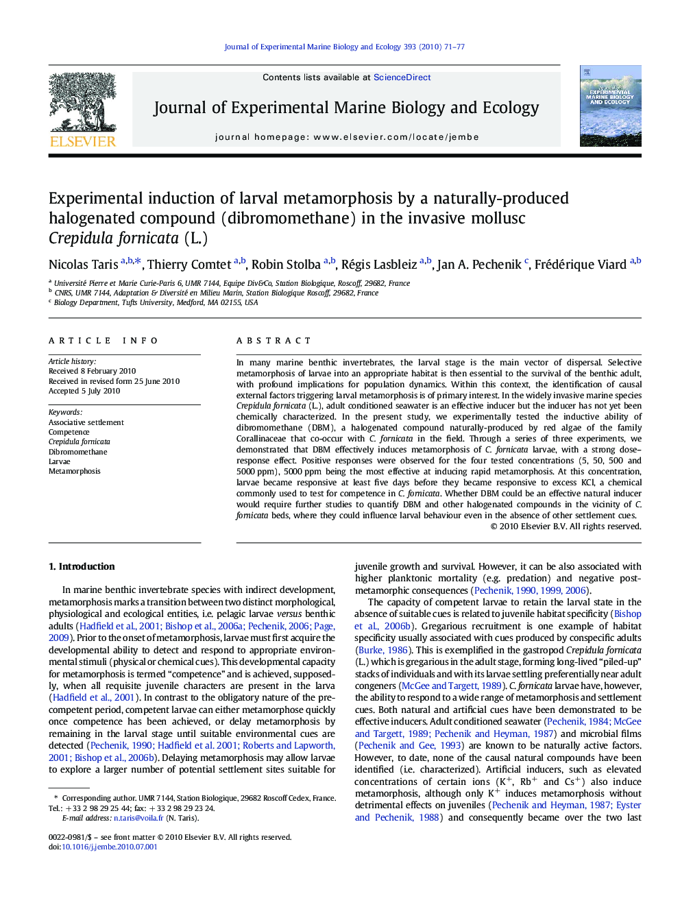 Experimental induction of larval metamorphosis by a naturally-produced halogenated compound (dibromomethane) in the invasive mollusc Crepidula fornicata (L.)