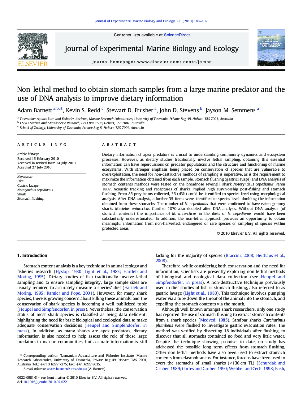 Non-lethal method to obtain stomach samples from a large marine predator and the use of DNA analysis to improve dietary information