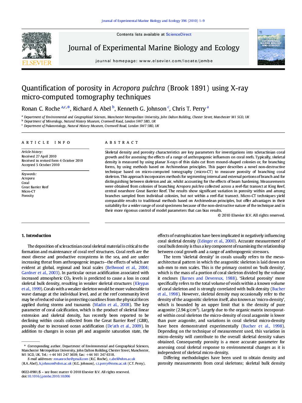 Quantification of porosity in Acropora pulchra (Brook 1891) using X-ray micro-computed tomography techniques