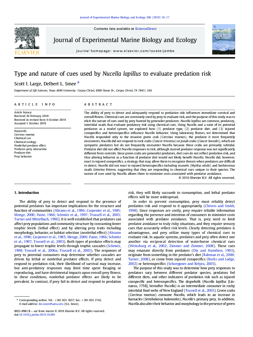 Type and nature of cues used by Nucella lapillus to evaluate predation risk