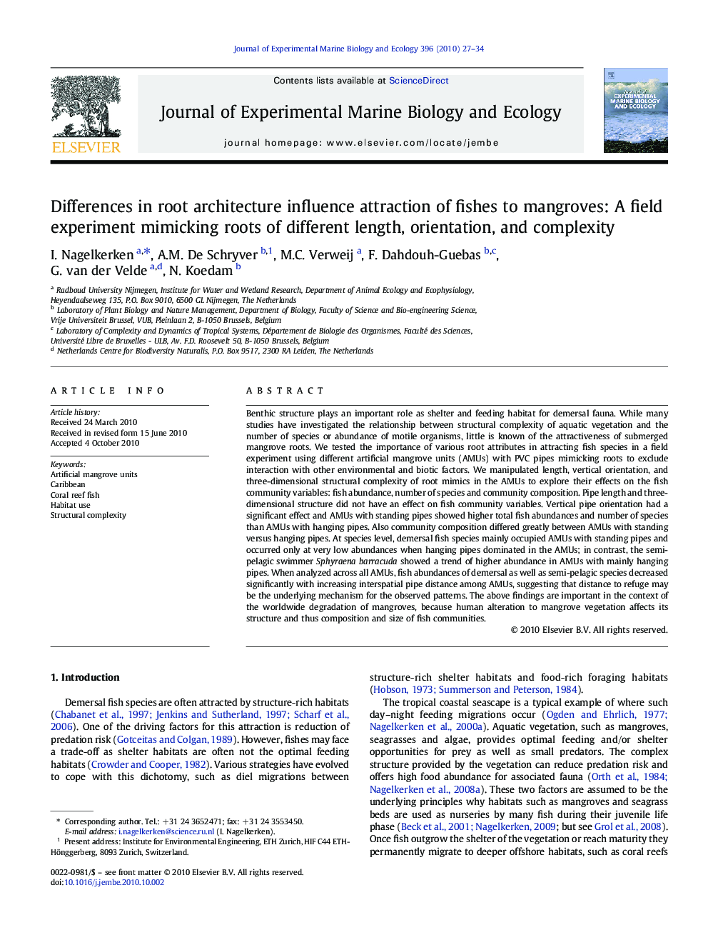 Differences in root architecture influence attraction of fishes to mangroves: A field experiment mimicking roots of different length, orientation, and complexity