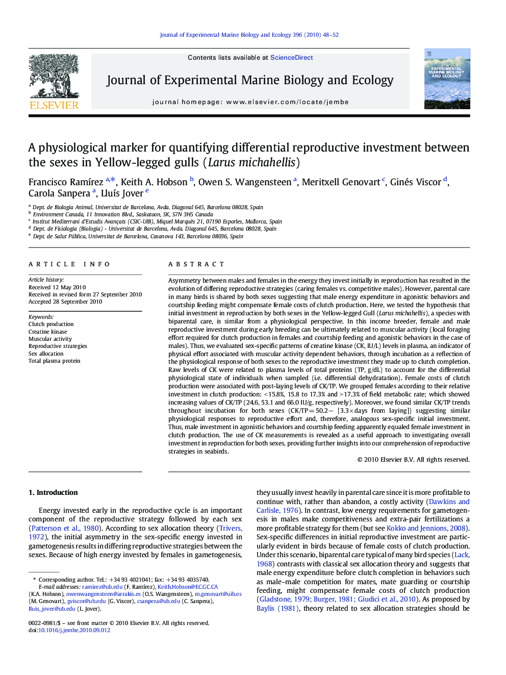 A physiological marker for quantifying differential reproductive investment between the sexes in Yellow-legged gulls (Larus michahellis)